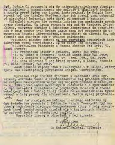 został odznaczony medalem Sprawiedliwy wśród Narodów Świata. Ze zbiorów Danuty Tlałki. Pierwsza część dokumentu z 17 marca 1948 r. potwierdzającego, że ks. Jan Zawrzycki ratował Żydów.