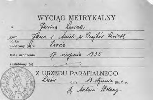 Polacy ratujący Żydów w latach II wojny światowej karta nr 52 Fałszywy wyciąg z metryki chrztu wydany żydowskiej dziewczynce Yonie Kunstler, która podczas II wojny światowej ukrywała się w