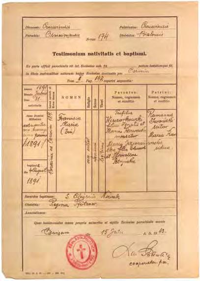 Polacy ratujący Żydów w latach II wojny światowej karta nr 54 Fałszywa metryka urodzenia i chrztu wystawiona na nazwisko Franciszka Maria Wieczorkowska, którego używała Żydówka Fanny Tannenbaum.