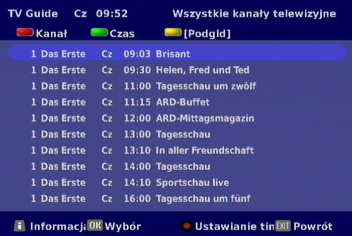 Przyciskiem (czerwony punkt) można przejąć wybraną audycję do ustawień timera, a przycisk lub pozwala na opuszczenie informacji dodatkowych.