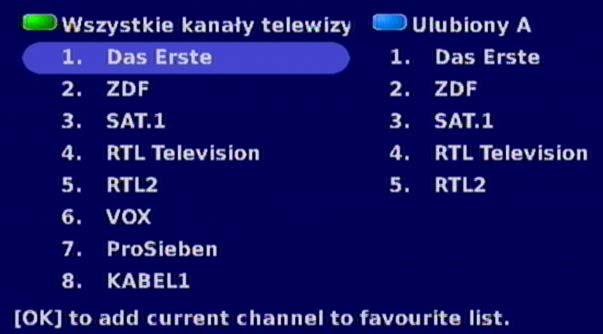 LISTY ULUBIONYCH W tym menu możliwe jest przyporządkowanie kanałów z list Wszystkie kanały telewizyjne i Wszystkie kanały radiowe do sześciu list ulubionych, a następnie również usuwanie ich stamtąd.