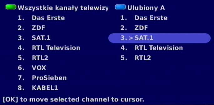 LISTY ULUBIONYCH PRZESUWANIE/SORTOWANIE KANAŁÓW Za pomocą przycisku (niebieskiego) można wywołać listę do edycji. Przełączanie pomiędzy lewą i prawą kolumną następuje za pomocą przycisków.