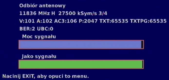 MENU INSTALACYJNE Kanał testowy: Wybrać tu kanał testowy wybranego wcześniej satelity. Kanał testowy działa natychmiast po ustawieniu. Można wybierać spośród trzech programów.