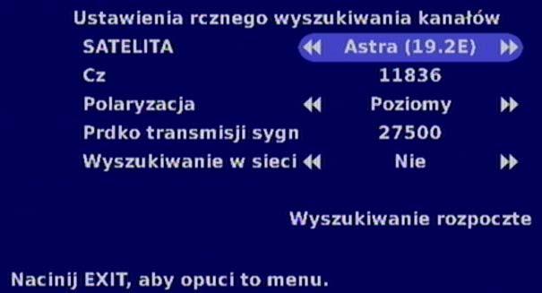 MENU INSTALACYJNE Za pomocą przycisków wybrać wymaganego satelitę. Przyciskami przejść na wybór Start wyszukiwania i potwierdzić start wyszukiwania przyciskiem.