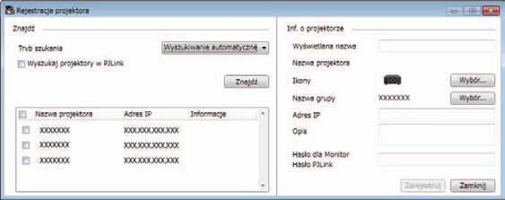 Jeśli nie zostnie wprowdzone prwidłowe hsło, nie będzie możn monitorowć lub sterowć projektorem, nwet po zrejestrowniu projektor.