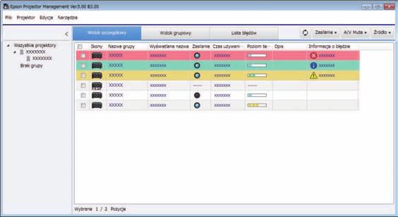 Ekrn główny progrmu Epson Projector Mngement 34 Po uruchomieniu progrmu Epson Projector Mngement, wyświetlny jest ekrn główny. A Menu Plik Zpisywnie dzienników: Wybierz ustwieni pliku dziennik.