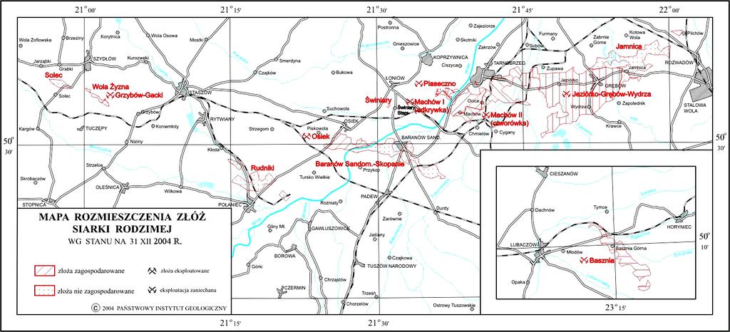 Rys. 1. Mapa rozmieszczenia złóż siarki rodzimej [6].