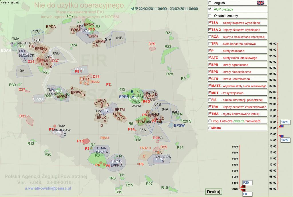 Aby mieć pewność, że patrzymy na aktualne dane, warto zapoznać się z rozpiętością czasową planu użytkowania przestrzeni powietrznej (czyli AUP), która pojawia się na lewo od okienka z opisem AUP