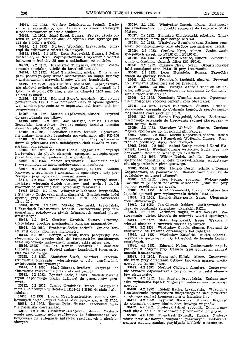 200 WIADOMOŚCI URZĘDU PATENTOWEGO' Nr 2/1952 84967. 1.2 1952. Wojsław Żelazkiewicz, technik. Zasto 35036sowanie normalizacyjnego żarzenia odlewów stalowych 2.2 1952. Władysław Żaczek, tokarz.