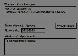 Jako że jest to pierwsze uruchomienie aplikacji wyświetlone zostanie okno Pomocy z miejscem do wpisania Klucza Aktywacyjnego, otrzymanego w mailu od Producenta aplikacji (poniżej).