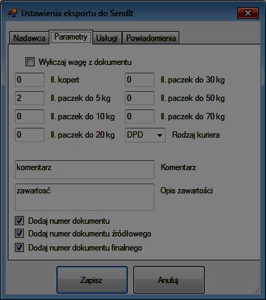 Ilustracja 19: Okno wyboru parametrów usługi w SendIt Wyliczaj wagę z dokumentu po zaznaczeniu tej opcji waga paczki będzie ustawiana w zależności od wagi towarów załączonych do dokumentu.