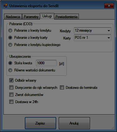 Pobranie (COD) możliwość określenia z jakiej pozycji dokumentu (Kredyt kupiecki, Kwota kredytu, Kwota karty) ma być brana kwota pobrania, oraz na jakie wartości wybrane w Subiekcie ma reagować