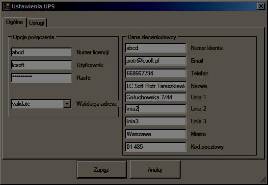 właściciela konta UPS Ilustracja 21: Ustawienia połączenia i Poszczególne pola w zakładce oznaczają: Numer licencji klucz API do usługi Web Service pozwalającej na eksportowanie danych Użytkownika