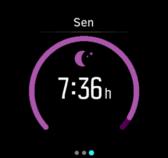 Oprócz podsumowania snu można także sprawdzić ogólny trend snu wraz z informacjami o śnie. W widoku zegarka naciśnij prawy dolny przycisk, aby zobaczyć ekran SEN.