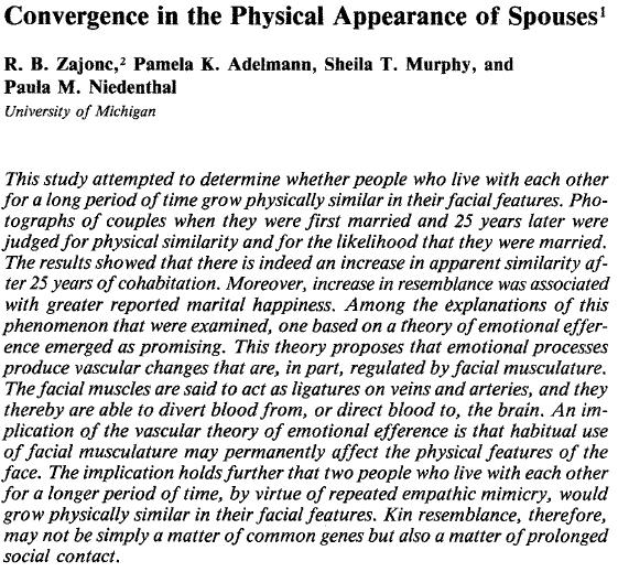 UCIELEŚNIENIE W ŻYCIU SPOŁECZNYM Zajonc et al (1987) wykazali, że po 25 latach twarze małżonków są do siebie bardziej podobne niż na początku związku Prawdopodobnie