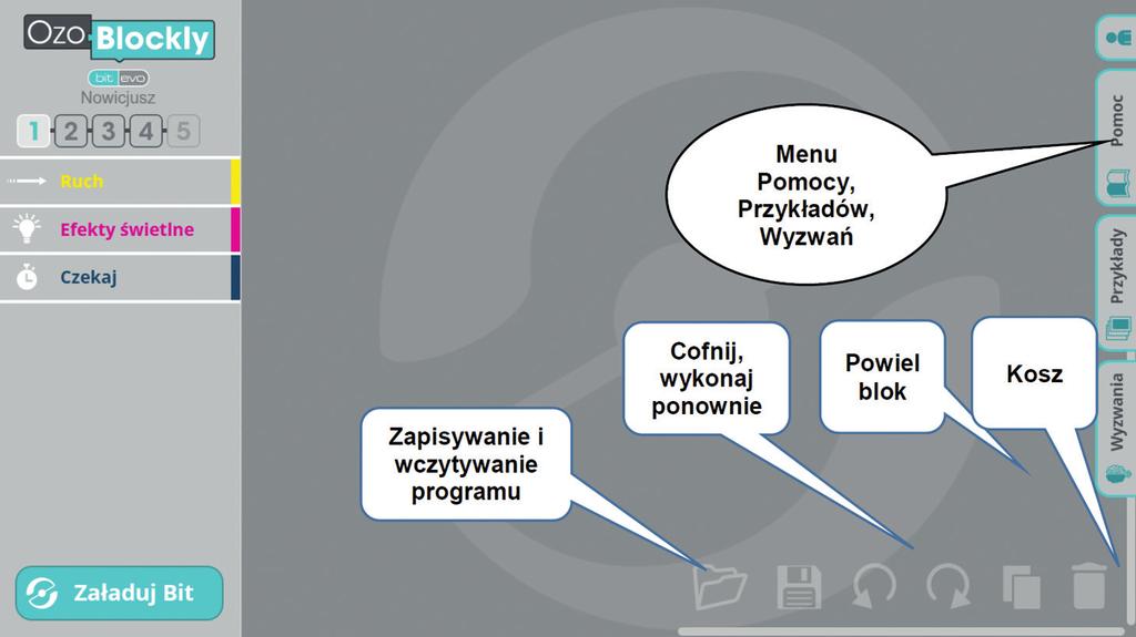 Na pierwszych zajęciach z edytorem OzoBlockly skupiamy się na omówieniu podziału