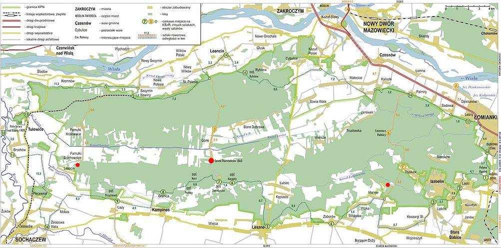 Mapa tzw. obwodnicy rowerowej Puszczy Kampinoskiej. Kolorem zielony wyznacza przebieg szlaku, czerwonym zaznaczono miejsce bitwy pod Budą Zaborowską oraz sosnę i dąb, na których wieszano powstańców.