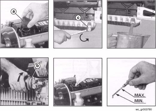 Konserwacja RD 16 4.10 Wymiana oleju i filtra Patrz rysunek: wc_gr003780 Wymieniać olej i filtr oleju (b) co 250 godzin.