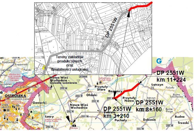 Planowany do przebudowy odcinek drogi zlokalizowany jest w ciągu drogi powiatowej, która w km 3+210 bezpośrednio łączy się z terenami opisanymi Miejscowym Planie Zagospodarowania Przestrzennego Gminy