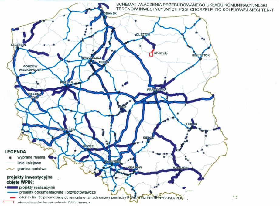 obszaru PSG Podstrefa Chorzele zawierającego infrastrukturę przeładunkową połączoną z linią kolejową 035 Szczytno Ostrołęka, uzyska się połączenie transportu drogowego z kolejową siecią TEN-T.