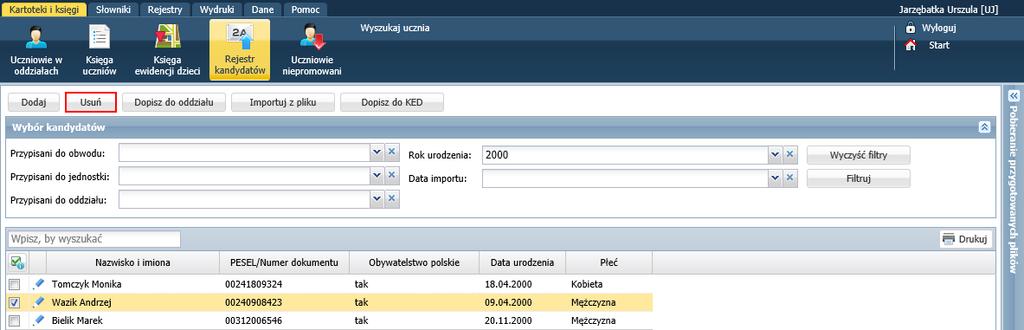 UONET+. Gromadzenie danych uczniów 13/20 Aby wyświetlić listę osób zaimportowanych z jednego pliku, należy w polu Data importu ustawić datę importu tego pliku i kliknąć przycisk Filtruj.