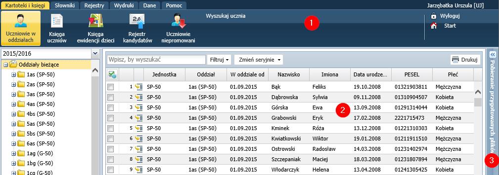 UONET+. Gromadzenie danych uczniów 2/20 Strona modułu składa się ze wstążki [1], panelu roboczego [2] oraz panelu Pobieranie przygotowanych plików [3].