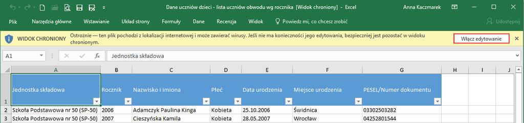 UONET+. Gromadzenie danych uczniów 20/20 7. Korzystając z mechanizmów dostępnych w Excelu, dane te możesz dowolnie przetwarzać (np.