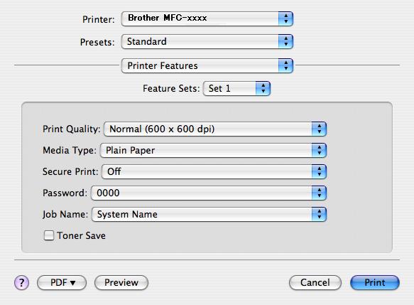 Drukowanie i wysyłanie faksów Opcje drukarki 8 (Mac OS X 10.4.11) Feature Sets: (Zestawy funkcji:) Set 1 (Zestaw 1) Print Quality (Jakość druku) Można wybrać następujące ustawienia jakości druku.