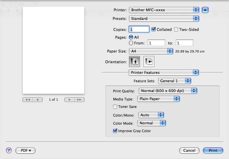 Drukowanie i wysyłanie faksów (Mac OS X 10.5.x 10.6.x) Feature Sets: (Zestawy funkcji:) General 1 (Ogólny 1) Print Quality (Jakość druku) Można wybrać następujące ustawienia jakości druku.