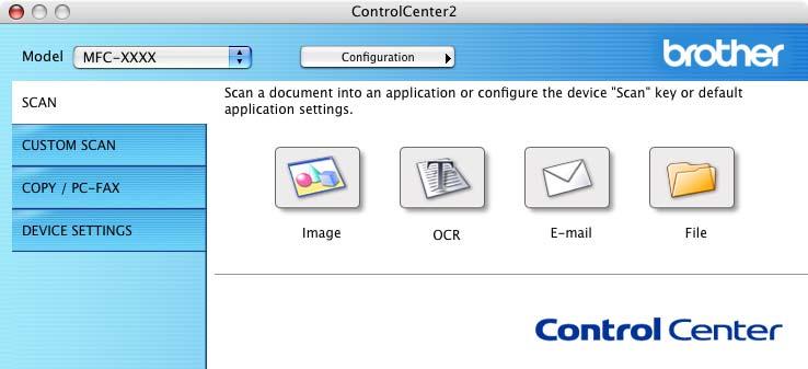 ControlCenter2 SKANOWANIE 10 Dostępne są cztery przyciski skanowania dla aplikacji Scan to Image (Skanuj do obrazu), Scan to OCR (Skanuj do OCR), Scan to E-mail (Skanuj do wiadomości e-mail) i Scan