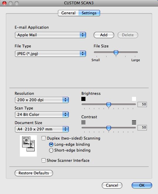 ControlCenter2 Karta Settings (Ustawienia) Wybierz ustawienia E-mail Application (Aplikacja e-mail), File Type (Typ pliku), Resolution (Rozdzielczość), Scan Type (Typ skanu), Document Size (Rozmiar