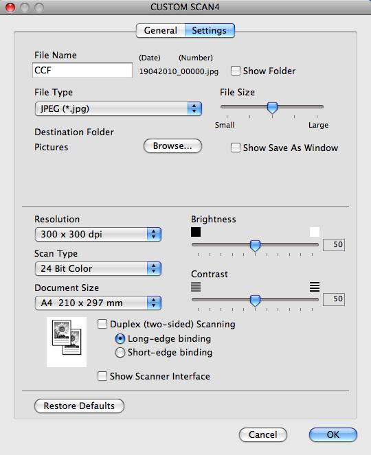 ControlCenter2 Karta Settings (Ustawienia) Wybierz format pliku z menu podręcznego File Type (Typ pliku).