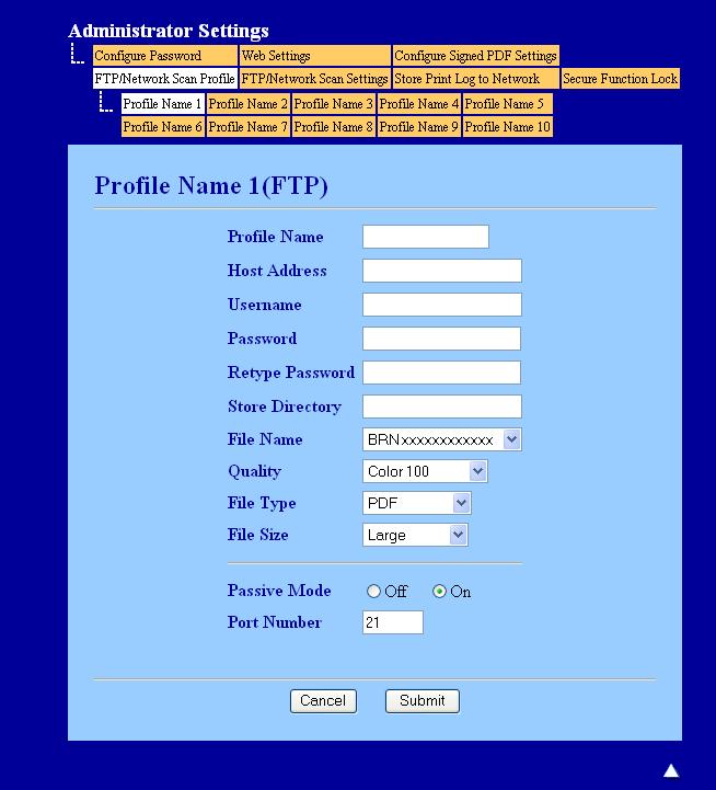 Skanowanie sieciowe Konfigurowanie domyślnych ustawień serwera FTP 13 W zależności od konfiguracji serwera FTP i zapory sieciowej można włączyć (ON) lub wyłączyć (OFF) tryb pasywny.