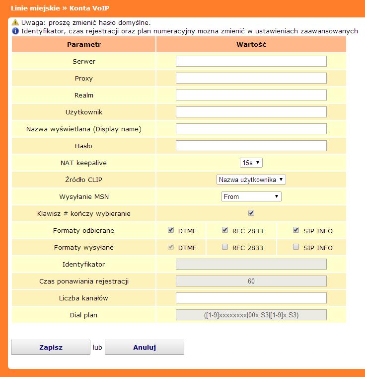 Serwer adres serwera operatora VoIP. Proxy pole opcjonalne wypełniane tylko w przypadku żądania operatora VoIP, aby rozmowa przechodziła przez konkretny serwer Proxy.
