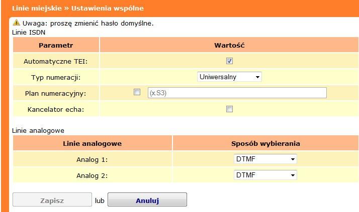 Dodatkowo dla linii analogowych miejskich można wybrać sposób wybierania DTMF, impulsowe 66/34, 60/40 lub impulsowe