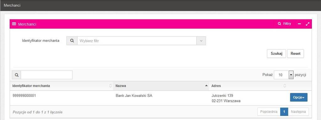 Również w tym przypadku można posłużyć się szybkimi filtrami, wykorzystując Identyfikator Merchanta.
