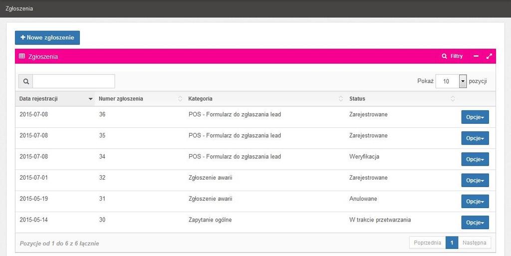 Rysunek 29. Lista zg ł osze ń Każde zarejestrowane zgłoszenie na liście posiada Datę rejestracji, Numer zgłoszenia, Kategorię i Status zgłoszenia.