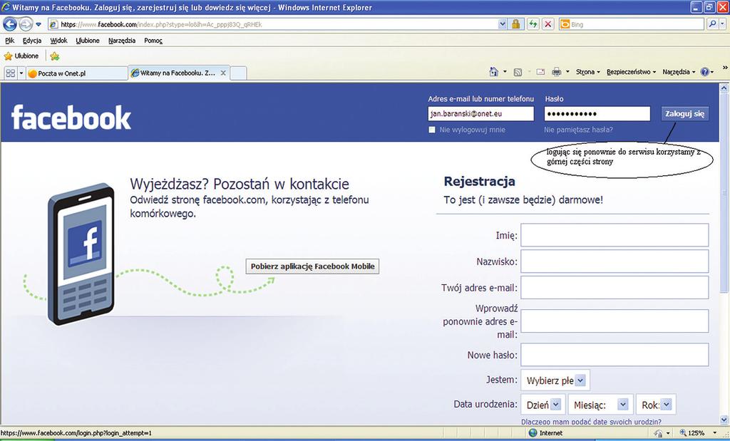 spotkanie 6 88 Gdy wylogujemy się z konta, ponowne zalogowanie będzie wyglądało następująco: Rys.10.