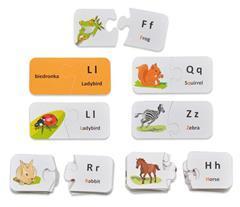 Dwustronne puzzle angielskie - alfabet zwierząt Dwustronne puzzle są doskonałym materiałem wspierającym naukę języka angielskiego. Każda para puzzli składa się z części obrazkowej i tekstowej.