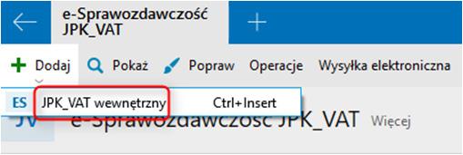 20 JPK INSERT NEXO Utworzenie JPK_VAT Aby utworzyć JPK_VAT, należy wciśnąć przycisk Dodaj JPK_VAT wewnętrzny w module e-sprawozdawczość JPK_VAT.