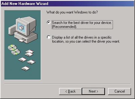 Instalacja sterowników (kontynuacja) Windows 98SE Wybierz Search for the best