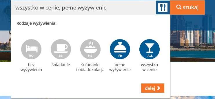 rodzaj wyżywienia (możliwość wybrania kilku