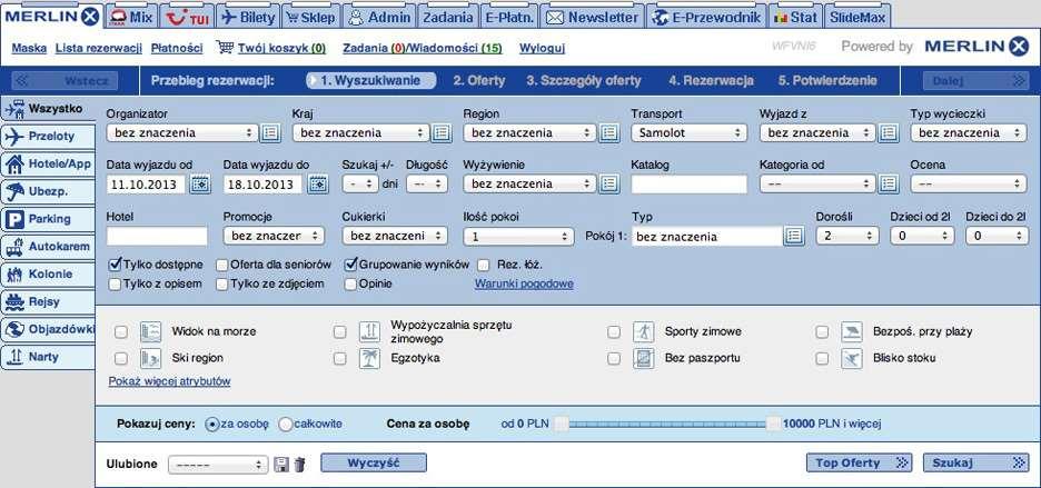 Kryteria wyszukiwania w systemie MerlinX: promocje i cukierki ilość pokoi (możliwość zarezerwowania 2 pokoi w jednej rezerwacji) rodzaj zakwaterowania (typy pokoi (studio, apartament,