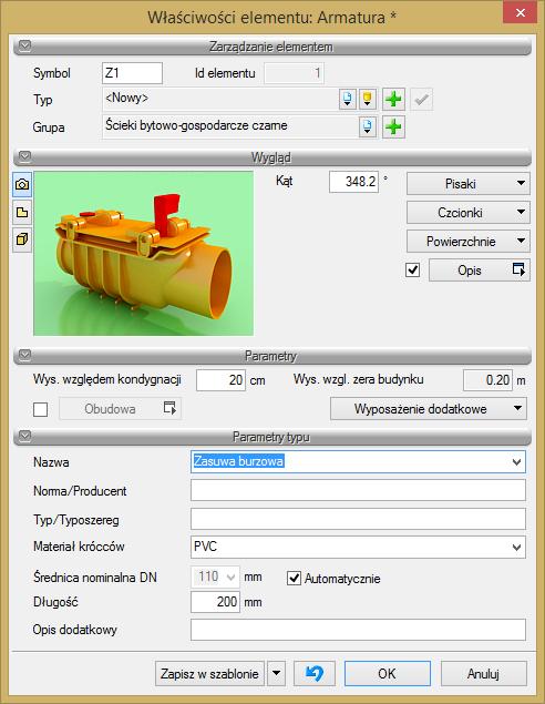 Rys. 34. Okno właściwości armatury Grupa kontrolek Parametry Wysokość względem kondygnacji użytkownik wstawia wielkość wymaganej lub zagłębienia względem powierzchni aktywnej kondygnacji.