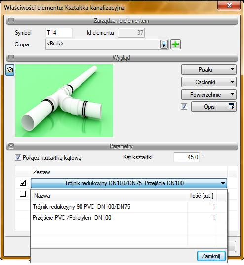 Parametry Połącz kształtką kątową po zaznaczeniu tego checkboksa kształtka będzie tworzyła się z podanym obok kątem kształtki.