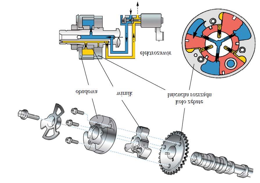 14 Rys. 7. Układ zmiennych faz rozrządu VVT stosowany w silnikach koncernu Toyota [http://images.google.pl] Jednostką wykonawczą układu jest układ hydrauliczny.