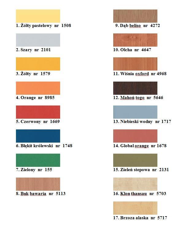 Wzory kolorów płyty meblowej: Płyta meblowa w standardzie są w kolorze buk, olcha i wiśnia oxford Dopłata 12 % -