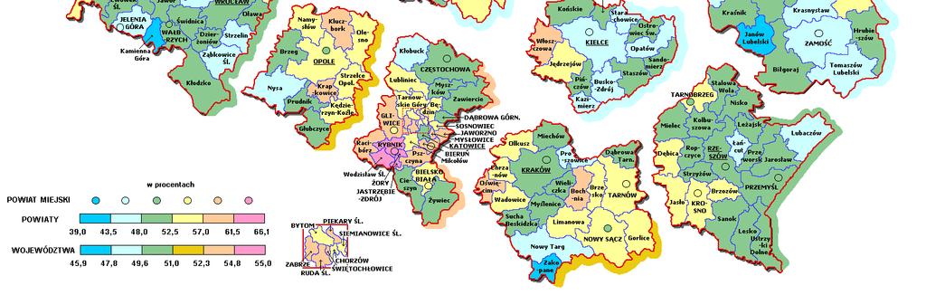 punktach procentowych 1, 9,1 26,6 27,1 W przypadku powiatów odsetek bezrobotnych kobiet kształtował się w przedziale od 39% w