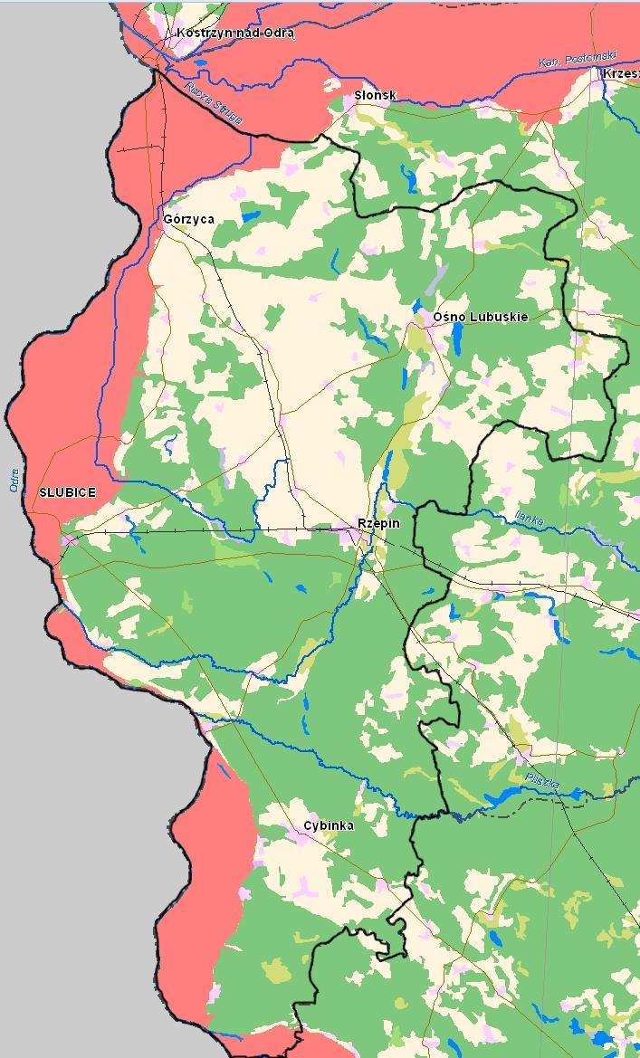 Rysunek 5 Mapa obszarów narażonych na niebezpieczeństwo powodzi na terenie powiatu słubickiego (źródło: www.kzgw.gov.
