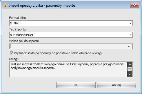Importuj operacje z pliku tekstowego CSV / XML / MT940 / Inne Opcja ta pozwala na importowanie operacji z plików tekstowych CSV, XML (włączając w to format JPK WB), MT940 i innych.